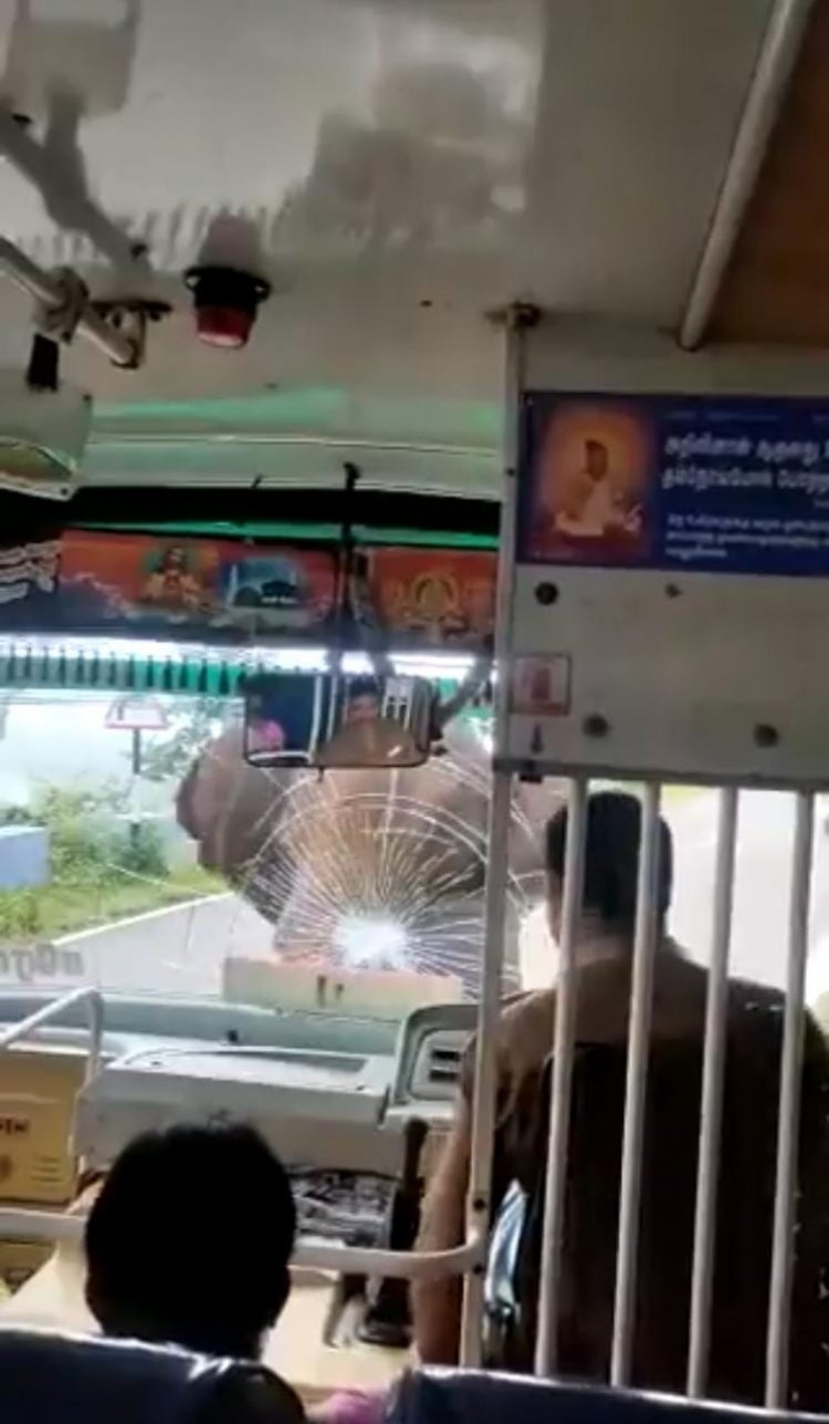 பஸ் கண்ணாடியை நொறுக்கிய யானை!