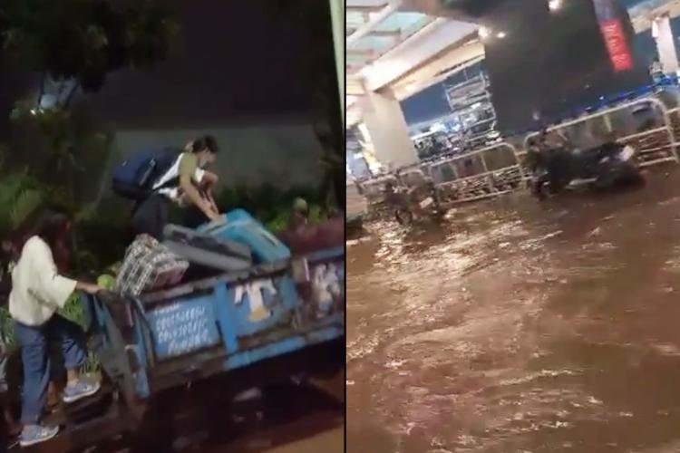 விமானத்தை பிடிக்க டிராக்டரில் வந்த பயணிகள்:- கனமழை கலாட்டா!