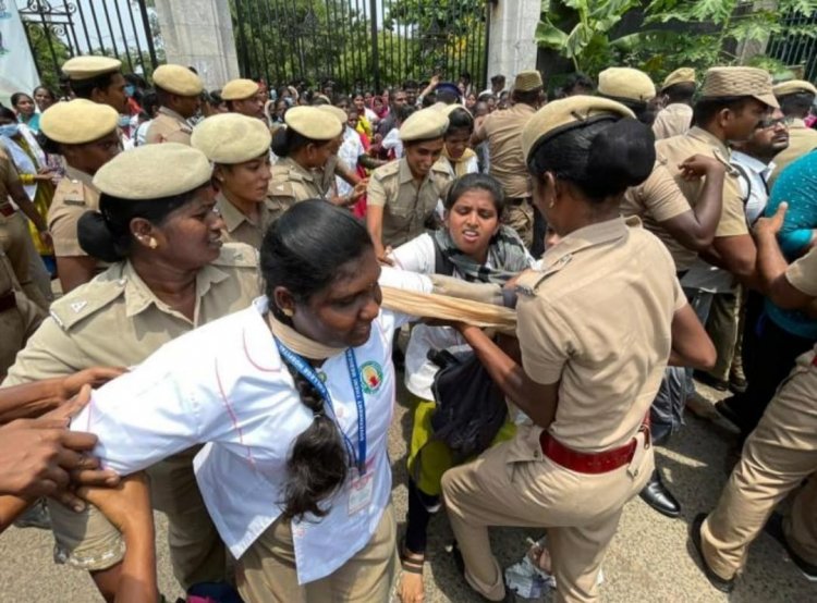 கருணாநிதி சிலை முன்பு செலிவியர்கள் போராட்டம்! மீண்டும் மீண்டும் கைது!