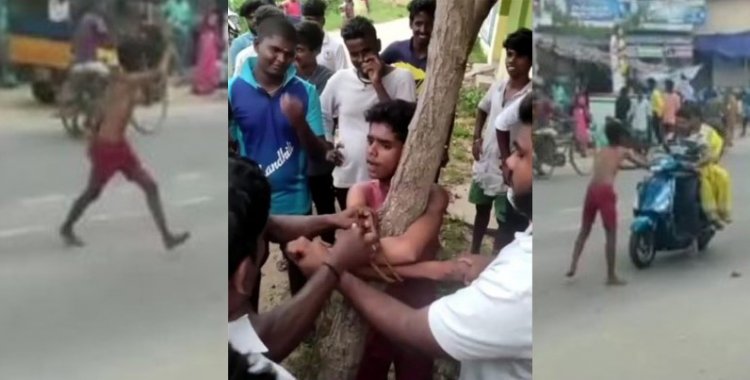 காவல் நிலையம் முன் கலாட்டா செய்த போதை ஆசாமி! கட்டி வைத்து தர்மடி கொடுத்த மக்கள்!!