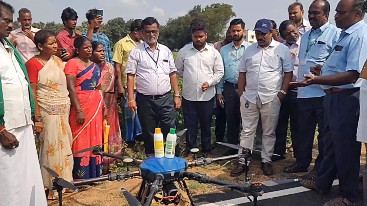 ட்ரோன் மூலம் பயிர்களுக்கு மருந்து தெளித்தல்!