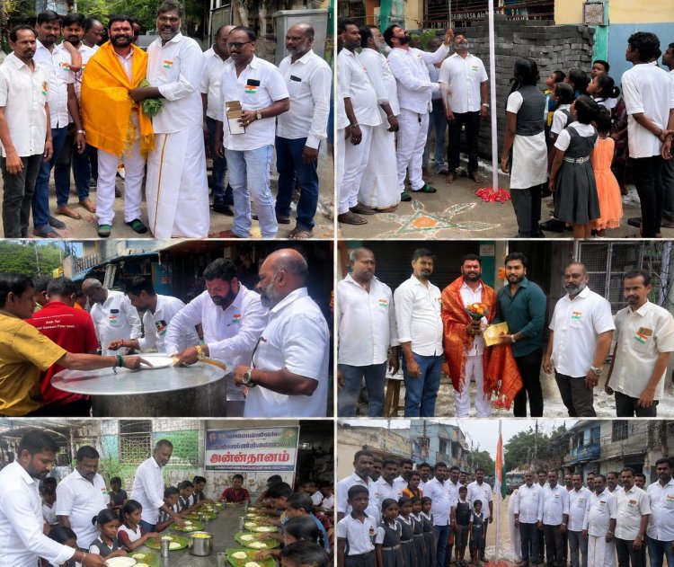 பத்திரிகையாளர் பாதுகாப்பு சங்க தலைமை அலுவலகம் மற்றும் கலைவாணர் காலணியில் 80-வது சுதந்திர தின விழா!  தேசியக் கொடி ஏற்றி இனிப்புகள் வழங்கி, அன்னதானம் செய்தார் வி.எம்.தமிழன் வடிவேல்!